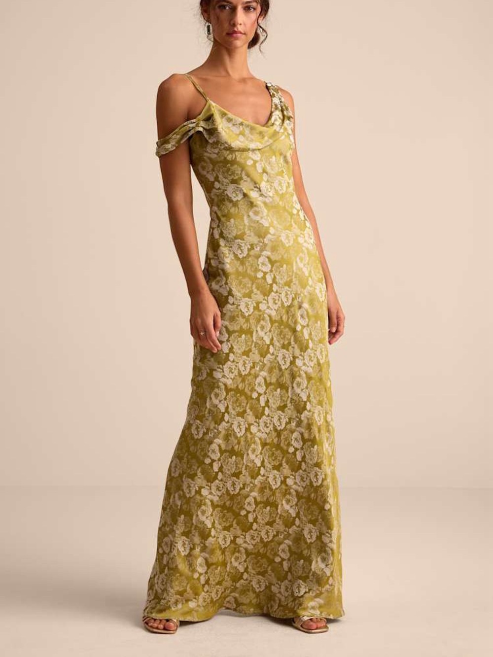 Lulus Cavani Chartreuse Floral Satin Asymmetrical Maxi Dress Size S NWOT